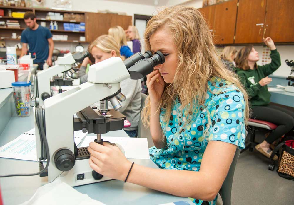 Girl looking into a microscope